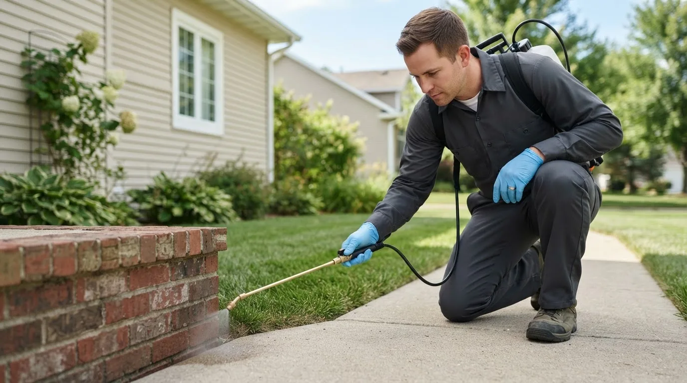 Pest control technician treating a home near Hunter, OK